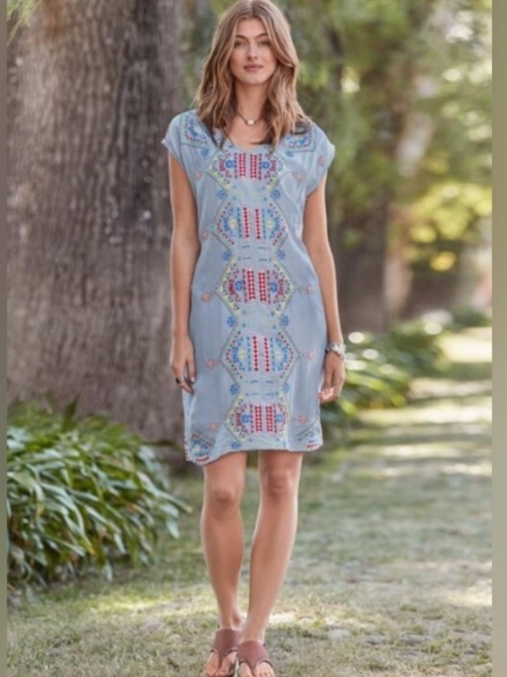 Sundance Valentina Light Blue Tribal Embroidered Silky Shift Dress Size XL